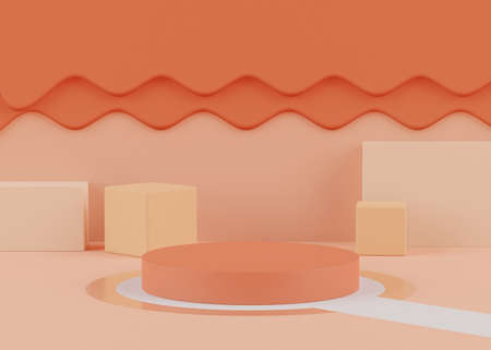 Podium stand with pastel color arches scene. Minimalist geometric vacant platform for mock up and presentation. Abstract background for commercial and cosmetic advertising. 3D render Modern concept.の写真素材