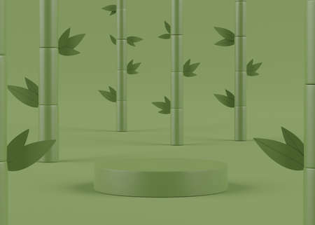 Podium stand with Green color bamboo scene. Minimalist geometric vacant platform for mock up and presentation. Abstract background for commercial and cosmetic advertising. 3d render modern concept.の写真素材
