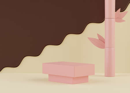 Podium stand with Chocolate sweeties scene. Minimalist geometric vacant platform for mock up and presentation. Abstract background for commercial and cosmetic advertising. 3D render Modern concept.の写真素材