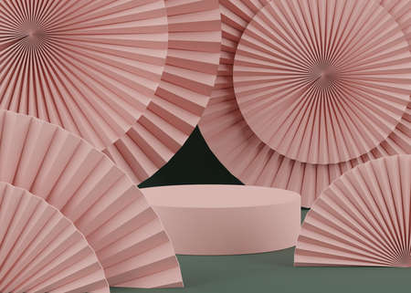 Podium stand with pastel color arches scene. Minimalist geometric vacant platform for mock up and presentation. Abstract background for commercial and cosmetic advertising. 3D render Modern concept.の写真素材