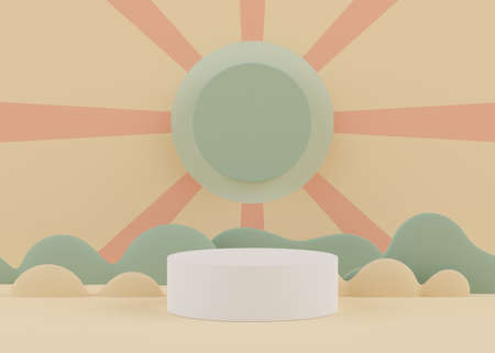 Podium stand with pastel color arches scene. Minimalist geometric vacant platform for mock up and presentation. Abstract background for commercial and cosmetic advertising. 3D render Modern concept.の写真素材