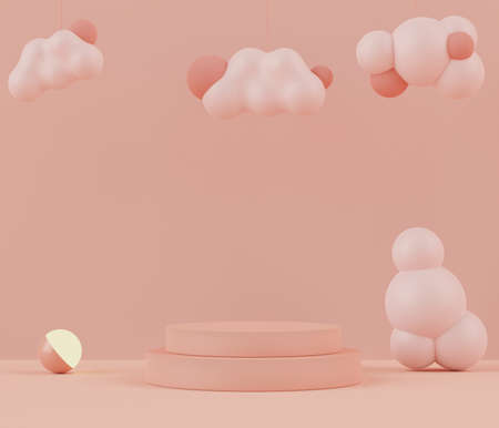 Podium stand with pastel color arches scene. Minimalist geometric vacant platform for mock up and presentation. Abstract background for commercial and cosmetic advertising. 3D render Modern concept.の写真素材