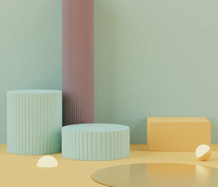 Podium stand with pastel color arches scene. Minimalist geometric vacant platform for mock up and presentation. Abstract background for commercial and cosmetic advertising. 3D render Modern concept.の写真素材