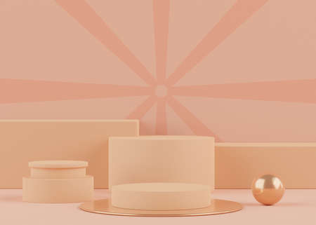 Podium stand with pastel color arches scene. Minimalist geometric vacant platform for mock up and presentation. Abstract background for commercial and cosmetic advertising. 3D render Modern concept.の写真素材