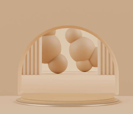 Podium stand with pastel color arches scene. Minimalist geometric vacant platform for mock up and presentation. Abstract background for commercial and cosmetic advertising. 3D render Modern concept.の写真素材