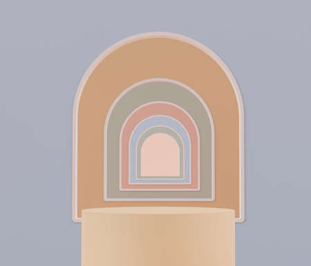 Podium stand with pastel color arches scene. Minimalist geometric vacant platform for mock up and presentation. Abstract background for commercial and cosmetic advertising. 3D render Modern concept.の写真素材