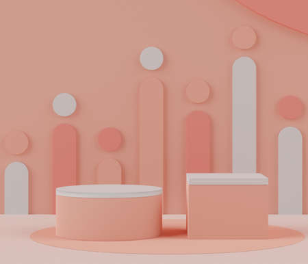 3d rendering of pink coral minimal displays podium or pedestal for mock up and products presentation with abstract simple geometric shapes background.の写真素材