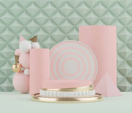 3d rendering of pink coral minimal displays podium or pedestal for mock up and products presentation with abstract simple geometric shapes background.の写真素材