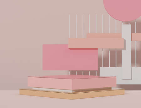 3d rendering of pink coral minimal displays podium or pedestal for mock up and products presentation with abstract simple geometric shapes background.の写真素材