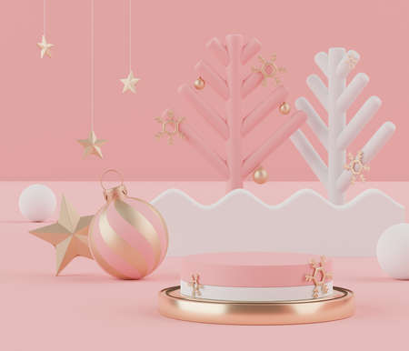 3d rendering scene of Christmas holiday concept decorate with tree and displays podium or pedestal for mock up and products presentation. Abstract simple geometric shapes.の写真素材
