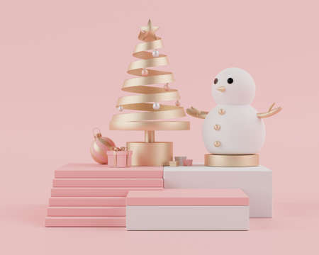 3d rendering scene of Christmas holiday concept decorate with tree and displays podium or pedestal for mock up and products presentation. Abstract simple geometric shapes.の写真素材