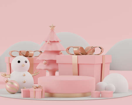 3d rendering scene of Christmas holiday concept decorate with tree and displays podium or pedestal...