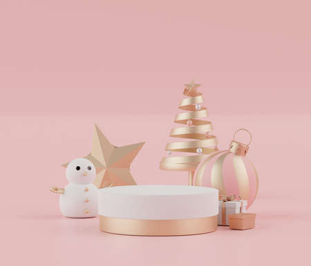 3d rendering scene of Christmas holiday concept decorate with tree and displays podium or pedestal for mock up and products presentation. Abstract simple geometric shapes.の写真素材