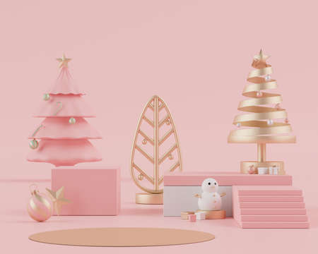 3d rendering scene of Christmas holiday concept decorate with tree and displays podium or pedestal for mock up and products presentation. Abstract simple geometric shapes.の写真素材