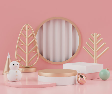 3d rendering scene of Christmas holiday concept decorate with tree and displays podium or pedestal for mock up and products presentation. Abstract simple geometric shapes.の写真素材