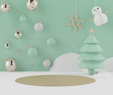 3d rendering scene of Christmas holiday concept decorate with tree and displays podium or pedestal for mock up and products presentation. Abstract simple geometric shapes.の写真素材