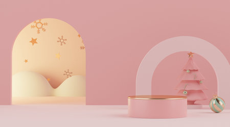 3d rendering scene of Christmas holiday concept decorate with tree and displays podium or pedestal for mock up and products presentation. Abstract simple geometric shapes.の写真素材