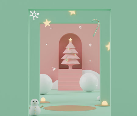 Minimal scene of Christmas holiday theme concept decorate with displays podium or pedestal for mock up and products presentation. Abstract simple geometric shapes. Winter season. 3d rendering.の写真素材