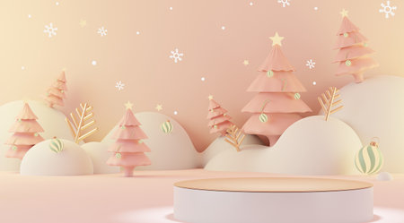 3d rendering scene of Christmas holiday concept decorate with tree and displays podium or pedestal for mock up and products presentation. Abstract simple geometric shapes.の写真素材