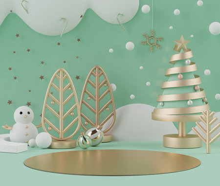 3d rendering scene of Christmas holiday concept decorate with tree and displays podium or pedestal for mock up and products presentation. Abstract simple geometric shapes.の写真素材