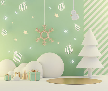 3d rendering scene of Christmas holiday concept decorate with tree and displays podium or pedestal for mock up and products presentation. Abstract simple geometric shapes.の写真素材
