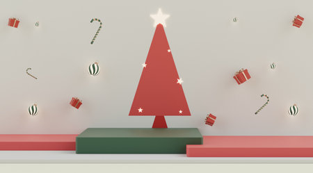 Minimal scene of Christmas holiday theme concept decorate with displays podium or pedestal for mock up and products presentation. Abstract simple geometric shapes. Winter season. 3d rendering.の写真素材