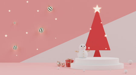 Minimal scene of Christmas holiday theme concept decorate with displays podium or pedestal for mock up and products presentation. Abstract simple geometric shapes. Winter season. 3d rendering.の写真素材