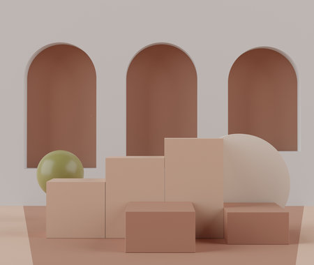 3d rendering of Earth tones minimal displays podium or pedestal for mock up and products presentation with abstract simple geometric shapes background. Muted saturated color.の写真素材