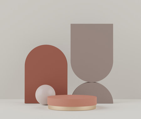 3d rendering of Earth tones minimal displays podium or pedestal for mock up and products presentation with abstract simple geometric shapes background. Muted saturated color.の写真素材