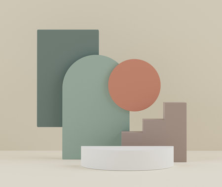 3d rendering of Earth tones minimal displays podium or pedestal for mock up and products presentation with abstract simple geometric shapes background. Muted saturated color.の写真素材