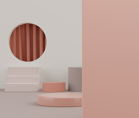 3d rendering of Earth tones minimal displays podium or pedestal for mock up and products presentation with abstract simple geometric shapes background. Muted saturated color.の写真素材