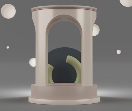 3d rendering of Earth tones minimal displays podium or pedestal for mock up and products presentation with abstract simple geometric shapes background. Muted saturated color.の写真素材