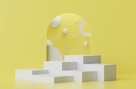3d rendering of minimal displays podium or pedestal for mock up and products presentation with abstract simple geometric shapes. Illuminating Yellow background color of the year 2021 theme.の写真素材