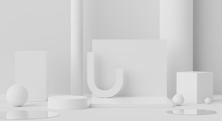 3d rendering geometric forms. Blank podium display in white marble color. Minimalist pedestal or showcase scene for present product and mock up. Abstract background for cosmetic advertising.の写真素材