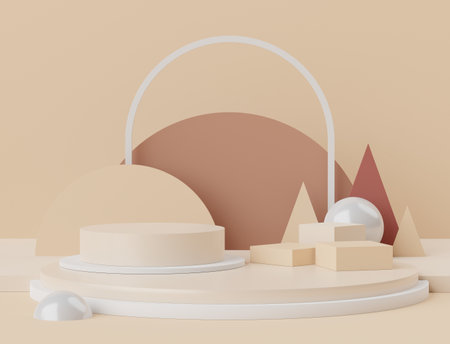 3d rendering of minimal scene of white blank podium with earth tones color theme. Display stand for product presentation mock up and cosmetic advertising. Cylinder stage in ornament simple design.の写真素材
