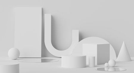 3d rendering geometric forms. Blank podium display in white marble color. Minimalist pedestal or showcase scene for present product and mock up. Abstract background for cosmetic advertising.の写真素材