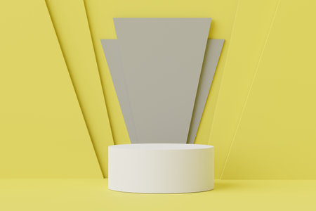 3d rendering of minimal scene of white blank podium with Illuminating Yellow color of the year 2021 theme. Display stand for product presentation mock up and cosmetic advertising.の写真素材