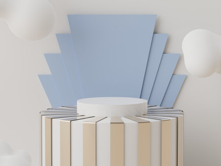 3d rendering of minimal scene of white blank podium with earth tones color theme. Display stand for product presentation mock up and cosmetic advertising. Cylinder stage in ornament simple design.の写真素材