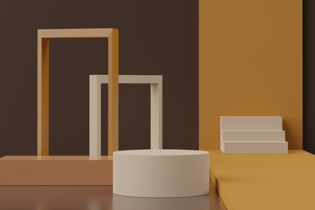 3d rendering of minimal scene of white blank podium with earth tones color theme. Display stand for product presentation mock up and cosmetic advertising. Cylinder stage in ornament simple design.の写真素材