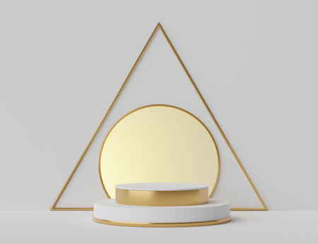 3d rendering geometric forms. Blank podium display in white marble color. Minimalist pedestal or showcase scene for present product and mock up. Abstract background for cosmetic advertising.の写真素材