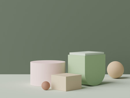 3d rendering of minimal scene of white blank podium with earth tones color theme. Display stand for product presentation mock up and cosmetic advertising. Cylinder stage in ornament simple design.の写真素材