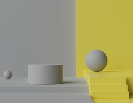 3d rendering of minimal scene of white blank podium with Illuminating Yellow color of the year 2021 theme. Display stand for product presentation mock up and cosmetic advertising.の写真素材