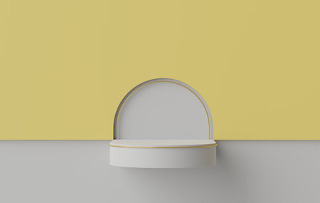 3d rendering of minimal scene of white blank podium with Illuminating Yellow color of the year 2021 theme. Display stand for product presentation mock up and cosmetic advertising.の写真素材