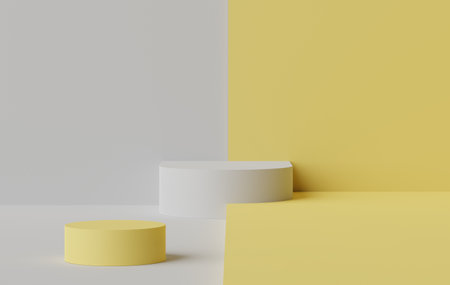 3d rendering of minimal scene of white blank podium with Illuminating Yellow color of the year 2021 theme. Display stand for product presentation mock up and cosmetic advertising.の写真素材