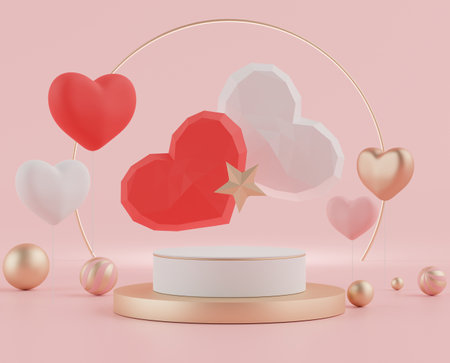 3d rendering of minimal scene of blank podium with Valentine's Day theme. Display stand for product presentation mock up. Cylinder stage in sweet lovely pink color with simple design. Sweet backgroundの写真素材