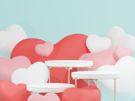 3d rendering of minimal scene of blank podium with Valentine's Day theme. Display stand for product presentation mock up. Cylinder stage in sweet lovely pink color with simple design. Sweet backgroundの写真素材