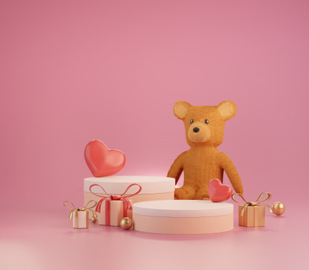 3d rendering of minimal scene of blank podium with Valentine's Day theme. Display stand for product presentation mock up. Cylinder stage in sweet lovely pink color with simple design. Sweet backgroundの写真素材