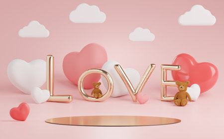 3d rendering of minimal scene of blank podium with Valentine's Day theme. Display stand for product presentation mock up. Cylinder stage in sweet lovely pink color with simple design. Sweet backgroundの写真素材