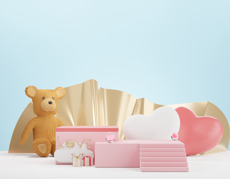 3d rendering of minimal scene of blank podium with Valentine's Day theme. Display stand for product presentation mock up. Cylinder stage in sweet lovely pink color with simple design. Sweet backgroundの写真素材