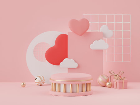 3d rendering of minimal scene of blank podium with Valentine's Day theme. Display stand for product presentation mock up. Cylinder stage in sweet lovely pink color with simple design. Sweet backgroundの写真素材